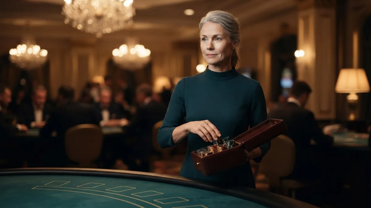 A croupier putting chips into a leather case, calmly leaving the table