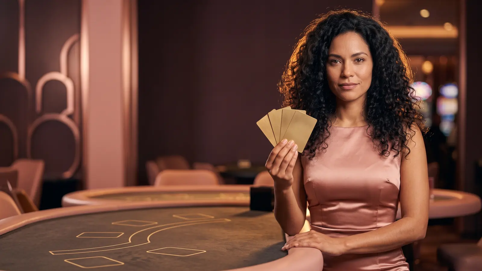 A croupier in a rose-gold dress holding a fan of five blank golden pass cards (, warm lounge background