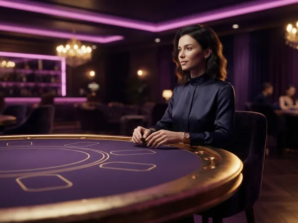 Lobby-style demo game card: 3D render of an empty golden virtual baccarat table