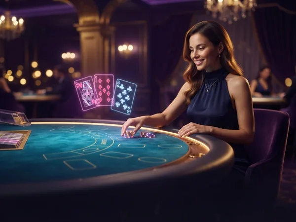 Lobby-style demo game card: 3D render of a turquoise virtual baccarat table with floating cards