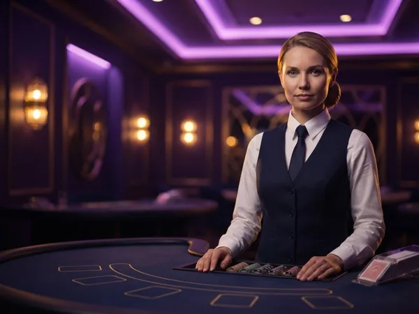 Lobby-style demo game card: portrait crop of the croupier at a midnight blue table