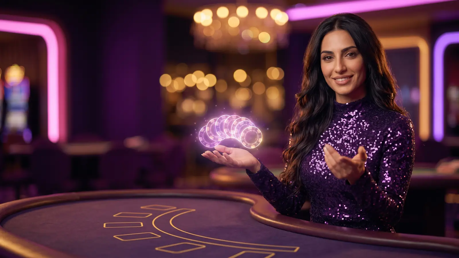 A croupier in a purple sequined dress making an inviting 'try it' gesture