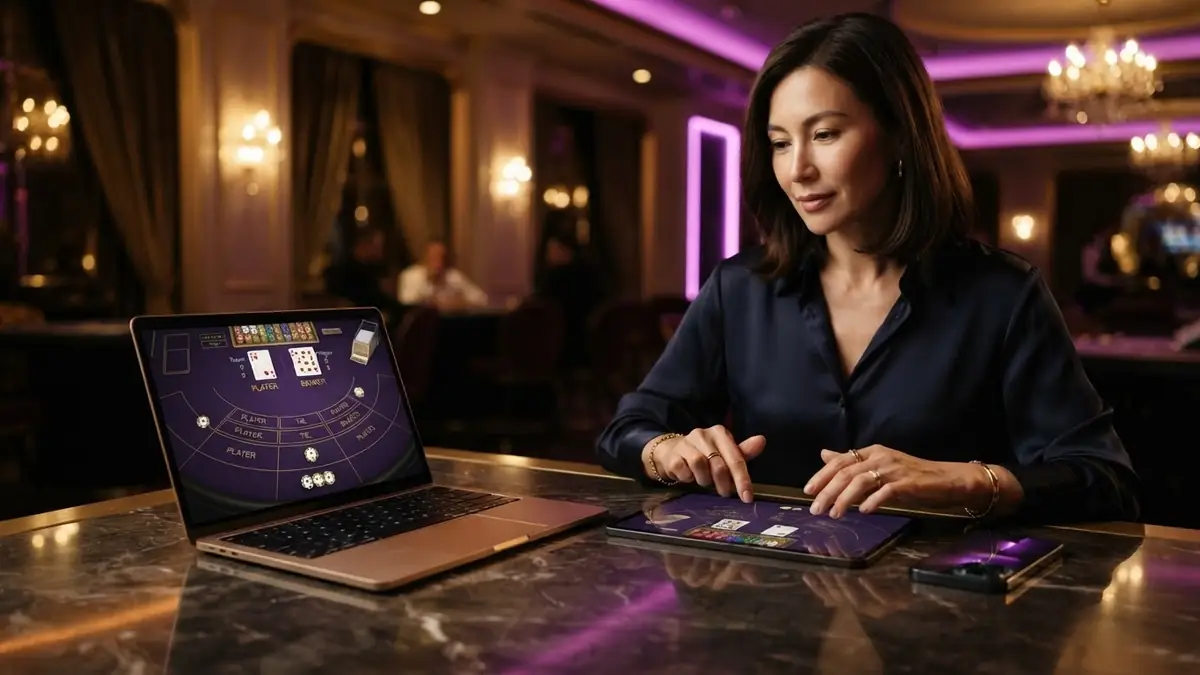 Three devices on a marble table, all screens show the same drawn baccarat game, no OS logos