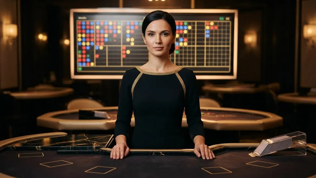A croupier at a live studio baccarat table seen as if through a broadcast camera