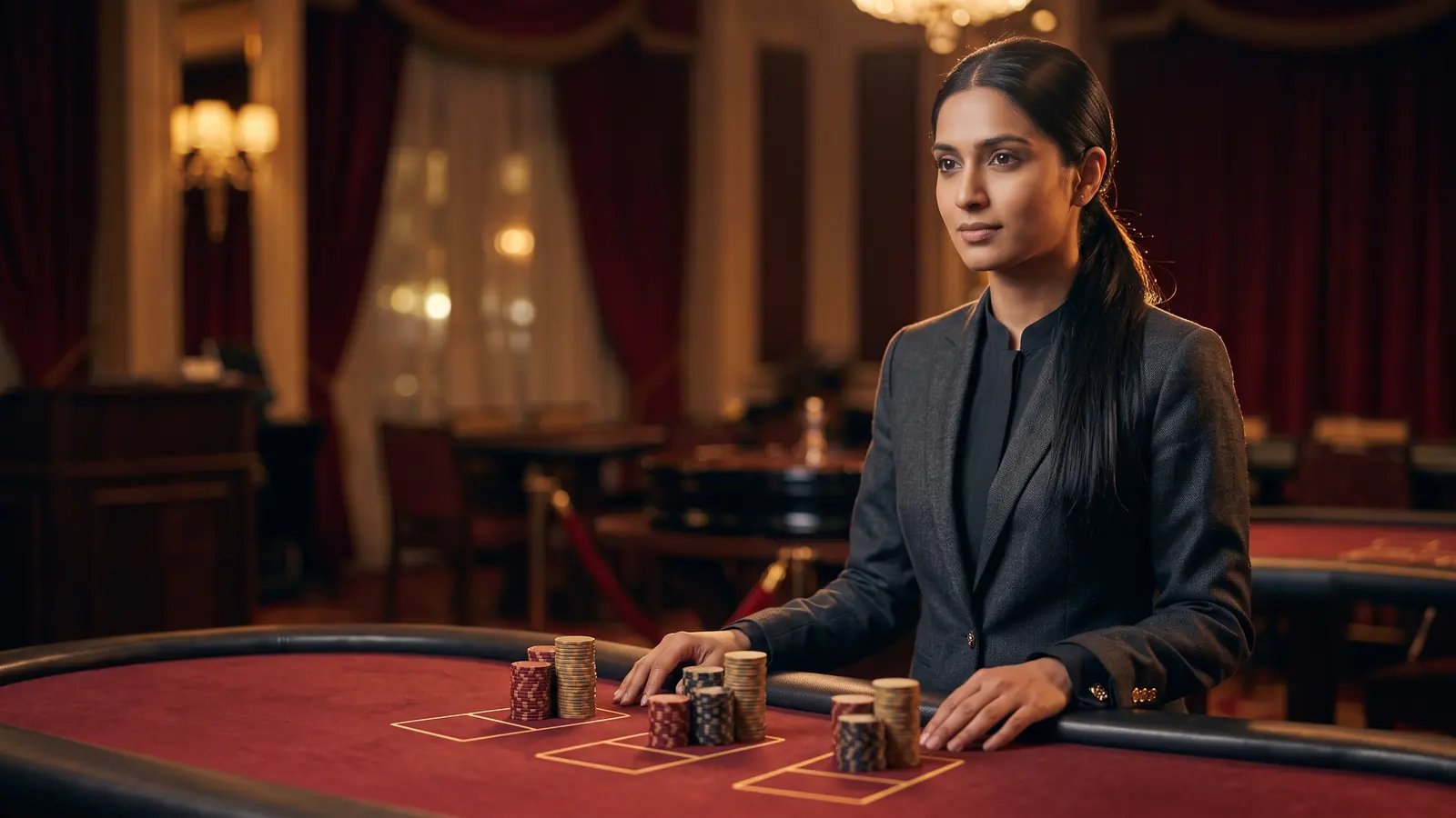 A croupier in a graphite jacket at a table, in front of her three stacks of chips of different heights on three betting areas