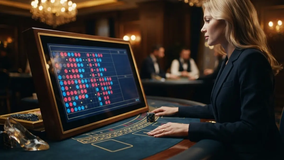 Close-up of a glowing baccarat scoreboard screen with grids of red and blue circles
