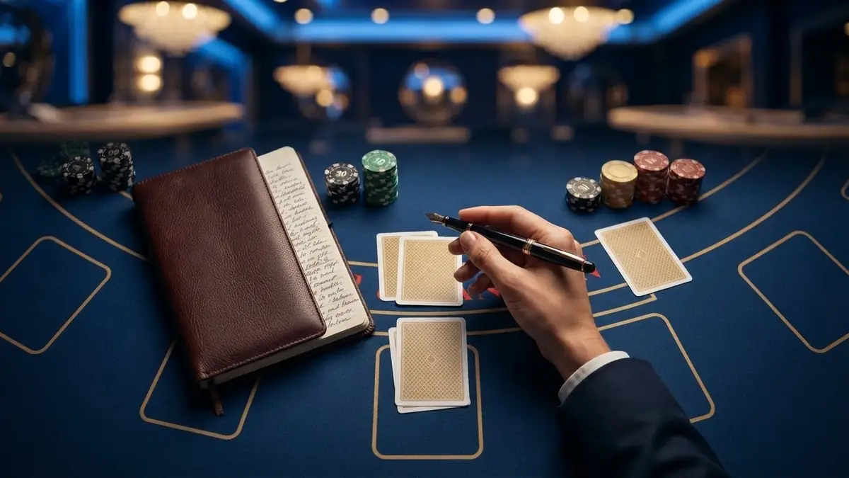 Top-down view: a leather notebook with illegible handwritten notes, a fountain pen, chips and cards