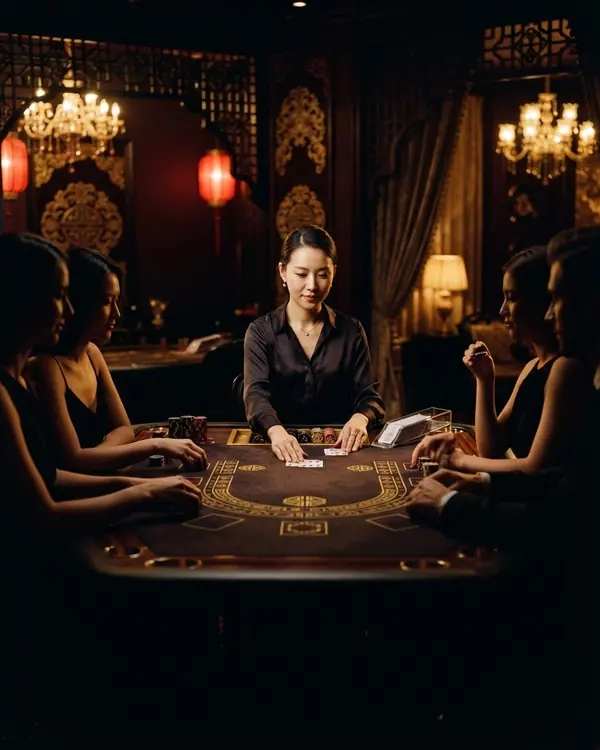 One banker in the center of a long table with two groups of player silhouettes on either side, dramatic light