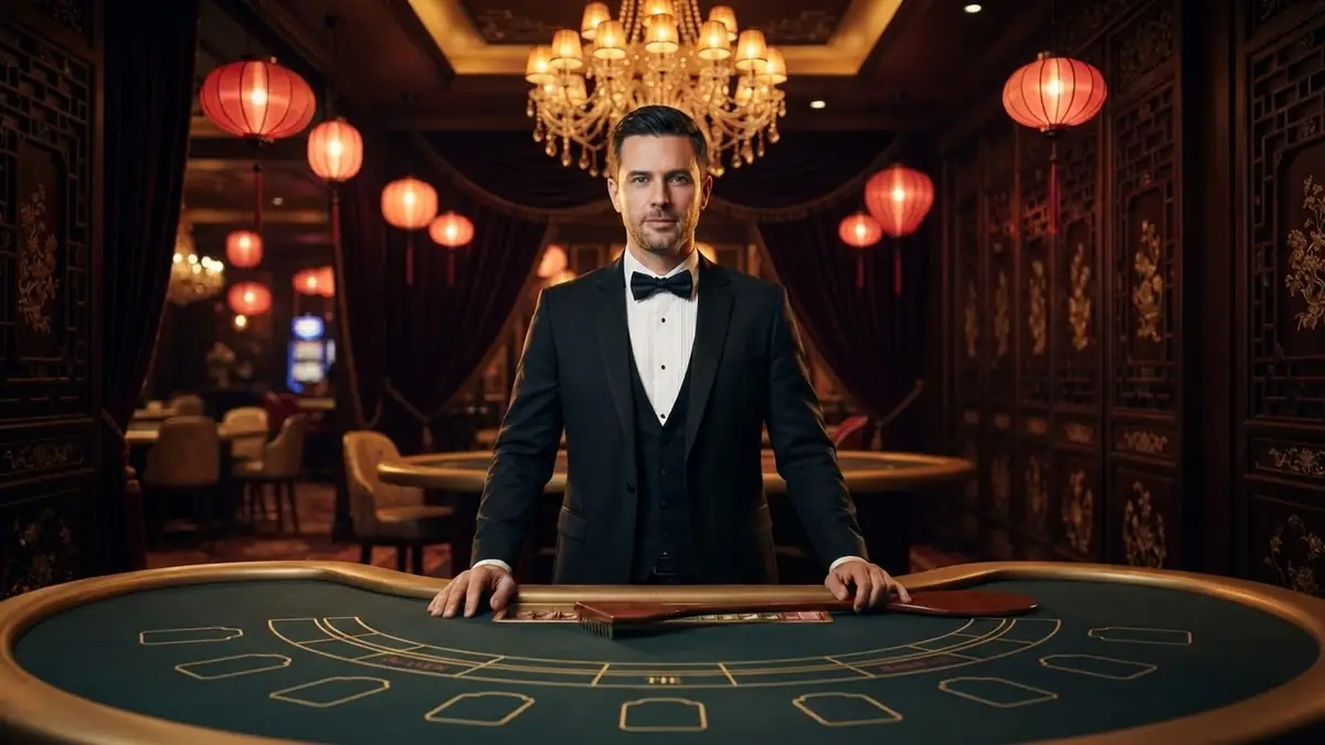 Classic European casino hall: long baccarat table, crystal chandelier, the male croupier in a tuxedo holding a dealer paddle