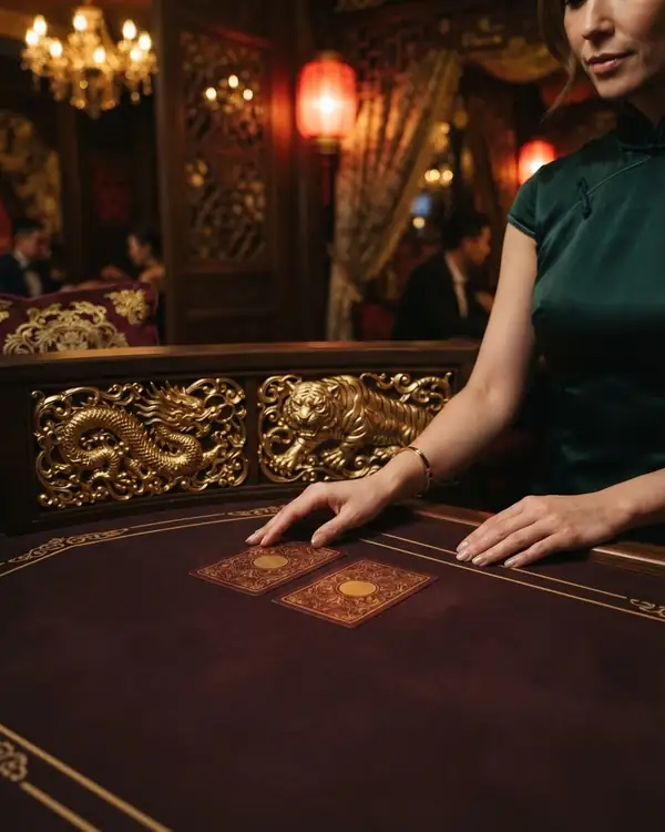 Two cards facing each other on a table, above them ornamental gold dragon and tiger