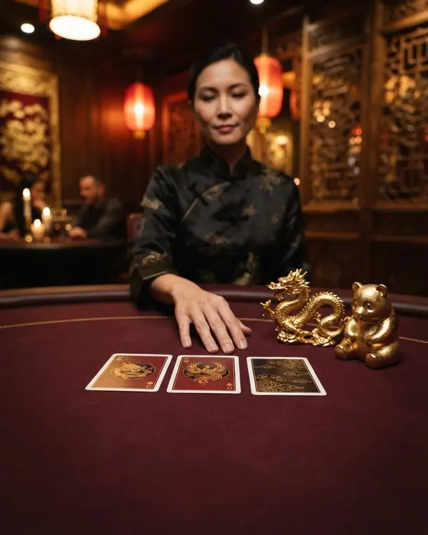 Three playing cards on burgundy felt, abstract gold figurines of a dragon and a panda beside them