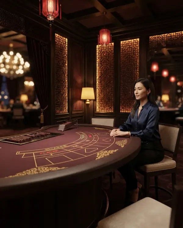 Clean 3D render of an empty baccarat table without a dealer, stylized virtual hall