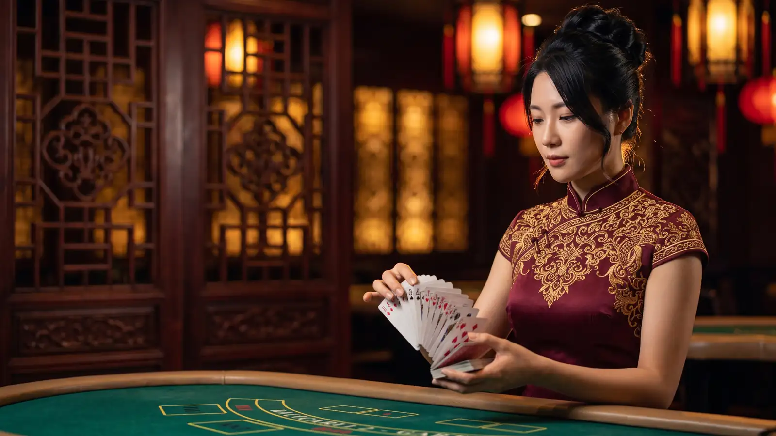 A croupier in a burgundy qipao with gold embroidery fanning playing cards open