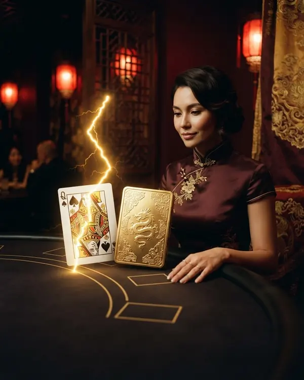 A playing card illuminated by a golden lightning bolt, a second card made of gold, dark background