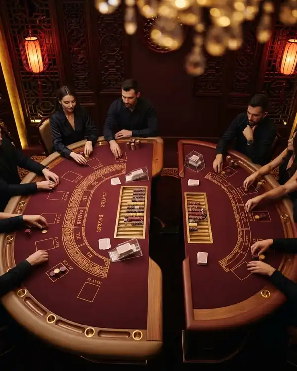 Top view of two baccarat tables of different sizes side by side, burgundy felt