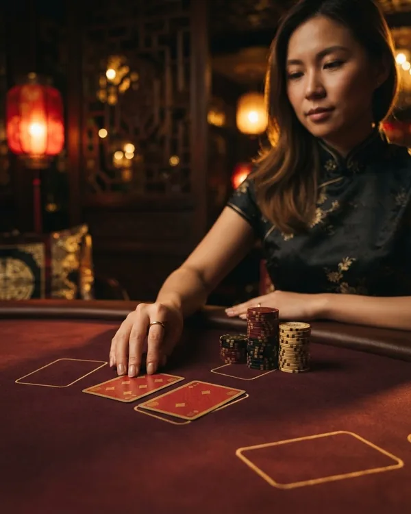 Two cards, a four and a two, on burgundy felt, next to them half a stack of chips