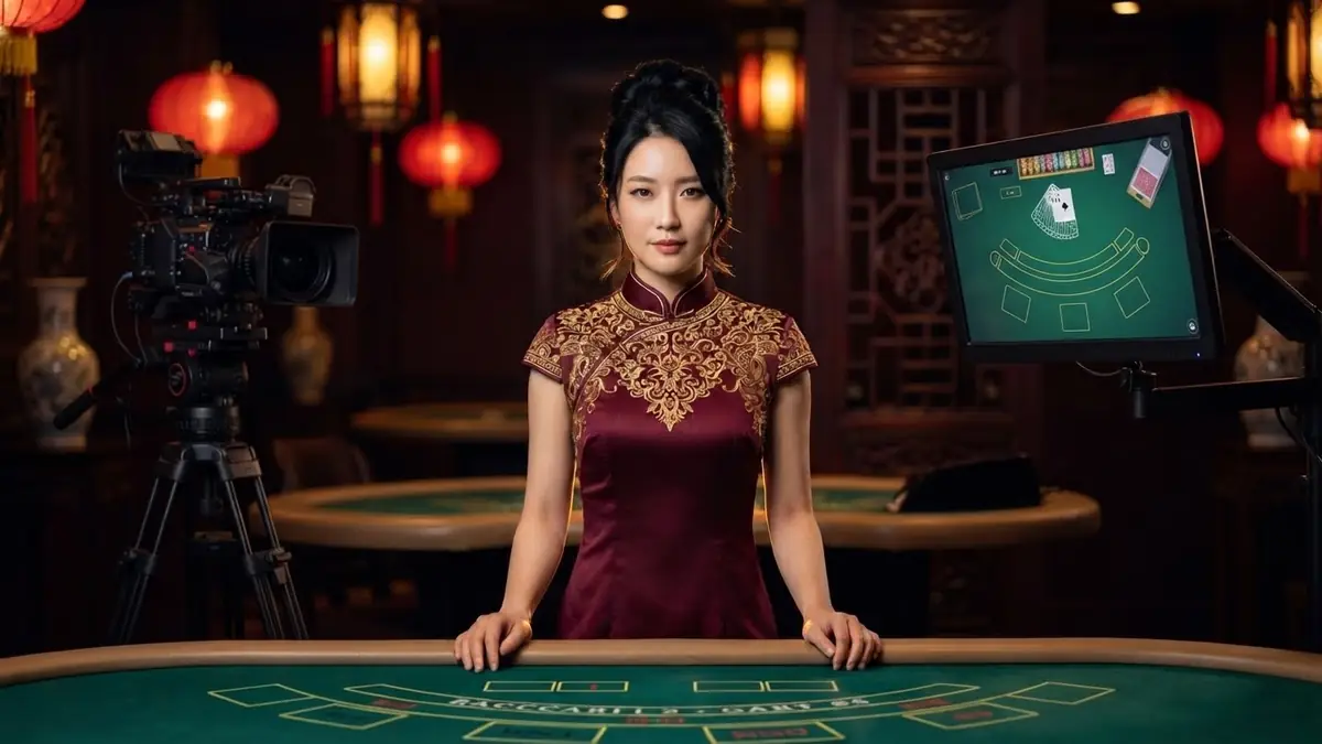 A croupier in a studio in front of a camera, a monitor frame showing a table interface