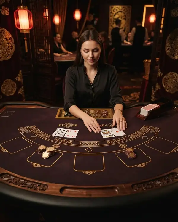 Top-down view of a baccarat layout with two betting areas and two hands of cards, no words