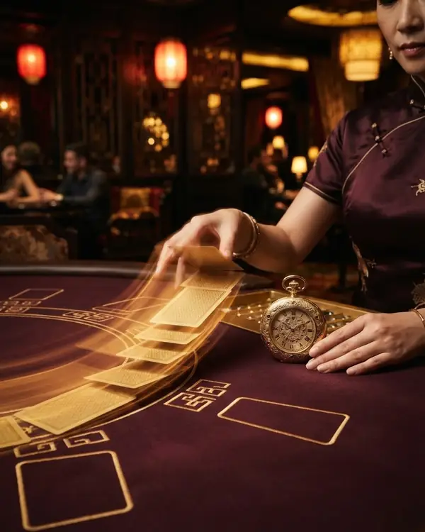 Playing cards in motion with light trails, an elegant gold stopwatch, burgundy background, no digits
