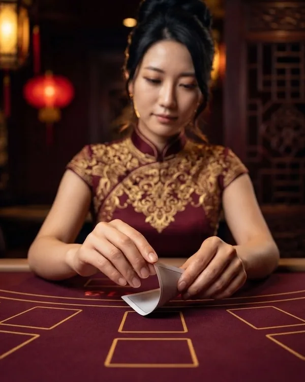 Close-up of the croupier's hands slowly bending the corner of a playing card, burgundy felt