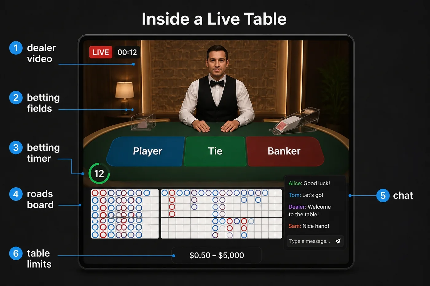 Live baccarat interface: six zones